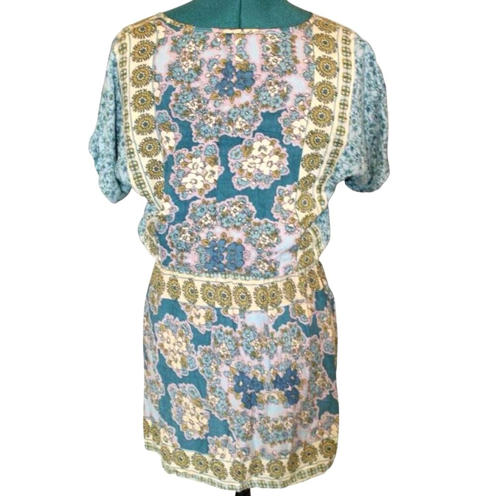 Angie Dress Multicolor Boho Floral Button Front Tie Neck - Blue, Gold -   Small
